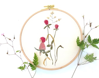 Embroidery framed mural embroidered decoration flower child dwarf gnome elf clover flower meadow grass