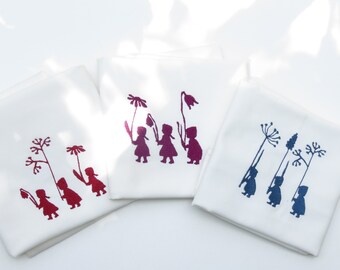 3 embroidered tea towels GOTS organic cotton set paper cut flower children grasses fairy tales