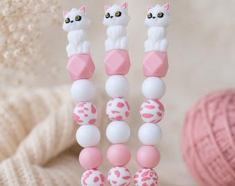 Häkelnadel mit Silikonperlen • Minimalistisch & hochwertig • Ergonomischer Griff • Handmade Geschenk für Häkelliebhaber • Topper Katze weiß