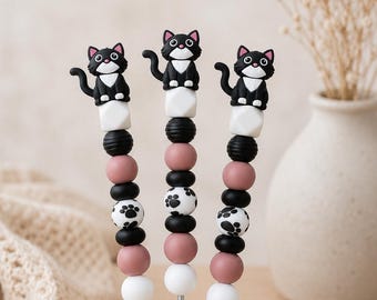 Häkelnadel mit Silikonperlen • Minimalistisch & hochwertig • Ergonomischer Griff • Handmade Geschenk für Häkelliebhaber • Topper Katze grau