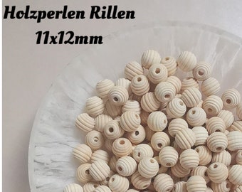 Wood beads * Grooves * Hinoki wood * untreated * natural * Ø 11 x 12 mm * 20 pieces (0,15EUR/piece)