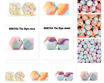 Silicone beads * Hexagon Ø 17 mm * Round Ø 15 mm * Round Ø 12 mm * BPA free * 4 / 5 / 10 pieces * Tie Dye yellow pink mint * Confetti