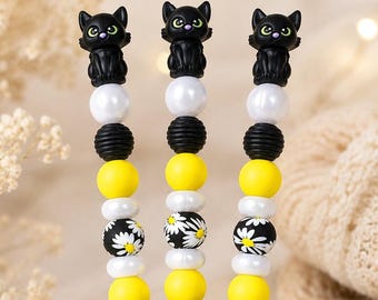 Häkelnadel mit Silikonperlen • Minimalistisch & hochwertig • Ergonomischer Griff • Geschenk für Häkelliebhaber • Topper Katze schwarz-gelb