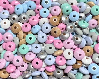 Perles en bois lentilles en mélange de couleurs * Ø 14 mm * grand teint * résistant à la salive * 38 pièces (0,11 EUR/pc.)