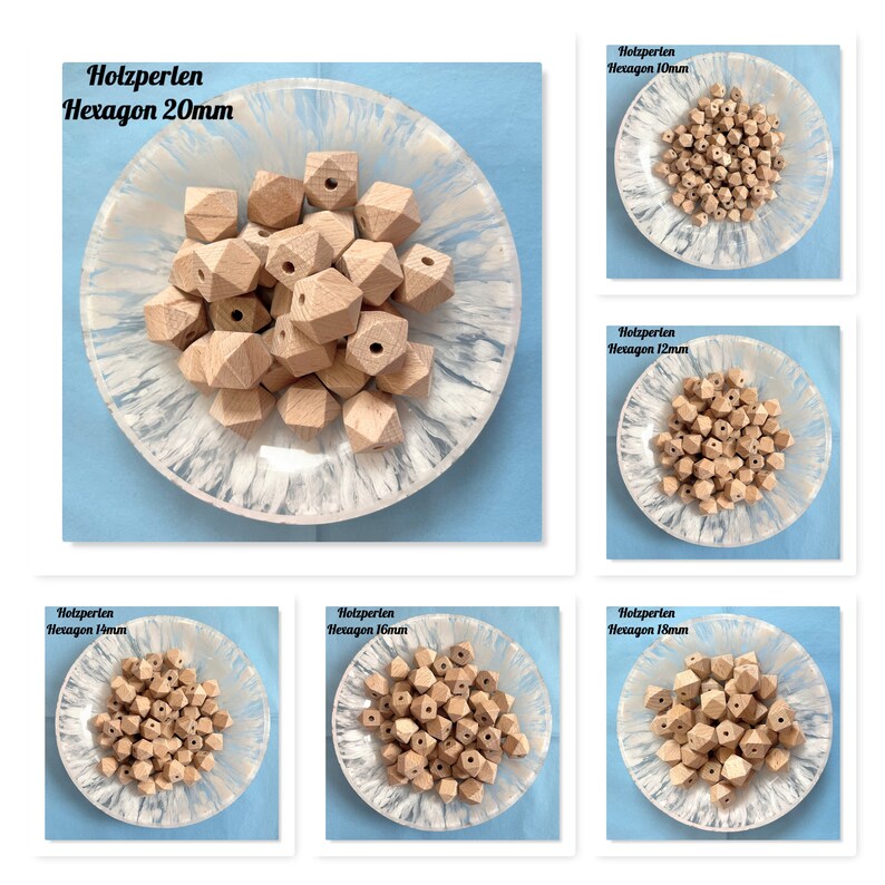 Holzperlen Hexagon hochwertiges Buchenholz Sechskantperlen geometrische Polygonperlen Ø 10-20 mm 6 Stück Bild 1