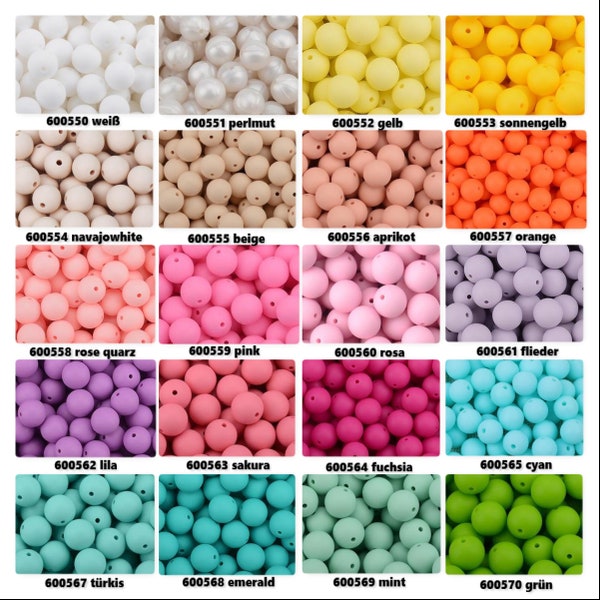 Perles en silicone * rondes * Ø 12 mm * Sans BPA * 10 pièces (0,39EUR/pièce) * silicone alimentaire