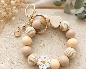 Schlüsselarmband Holz & Silikonperlen • Wrist Keychain • Schlüsselanhänger Armband • Blumen Herz Design • handgemacht • Geschenk für Frauen