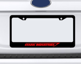Marco de matrícula de plástico de Iron Man de Stark Industries, calcomanía de vinilo para coche, camión y Vengadores