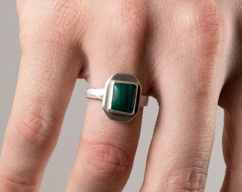 Octagonal Silver and Malachite Ring, Geometric Design, Stone Ring, Unisex
