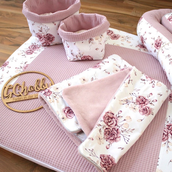 Set matelas à langer "Roses + gaufre piqué vieux rose" tissus Öko Tex Standard 100