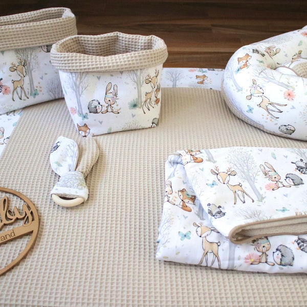 Wickelauflage Set Wickelunterlage Baby Waldtiere Waffelpique beige Stoffe Öko Tex Standard 100