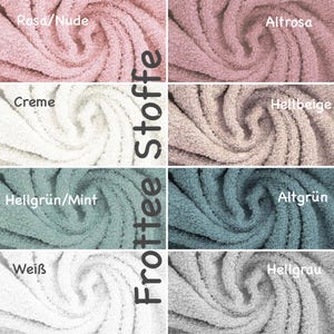May include: A collection of eight fabric swatches in various colors, including pink, beige, green, and gray. The swatches are labeled with the names of the colors in German and English. The text "Frottee Stoffe" is written vertically on the right side of the image.