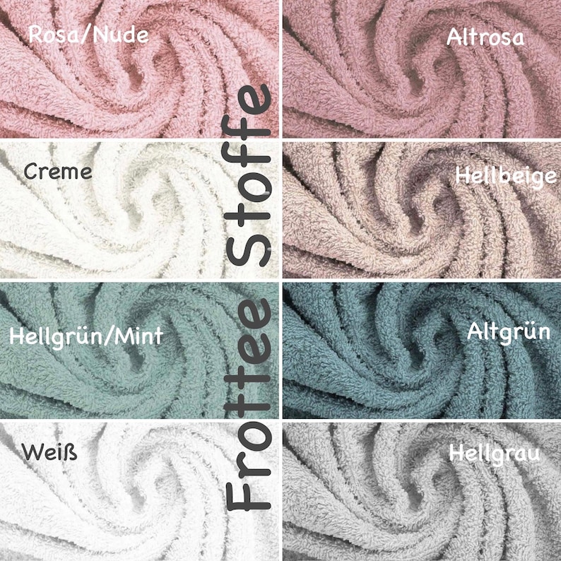 May include: A collection of eight fabric swatches in various colors, including pink, beige, green, and gray. The swatches are labeled with the names of the colors in German and English. The text "Frottee Stoffe" is written vertically on the right side of the image.