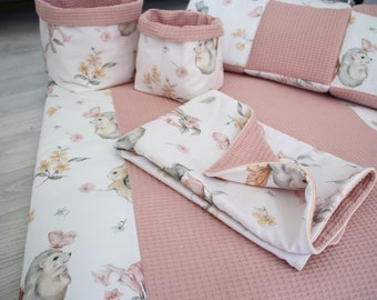 Changing mat set "mice, rabbit, hedgehog + waffle pique pink" fabrics Öko Tex Standard 100