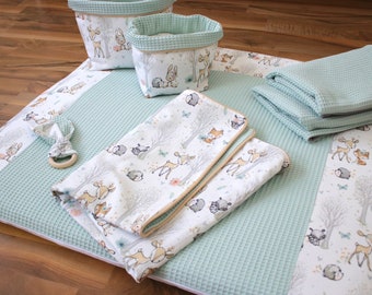 Wickelauflage Set Wickelunterlage Baby Waldtiere Waffelpique hellgrün/mint Öko Tex Standard 100