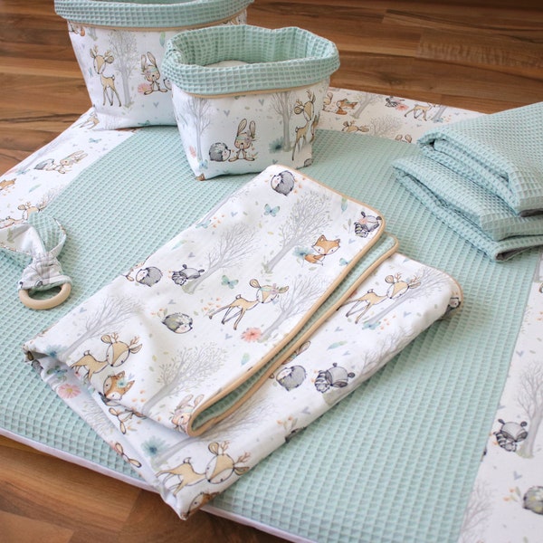 Wickelauflage Set Wickelunterlage Baby Waldtiere Waffelpique hellgrün/mint Öko Tex Standard 100