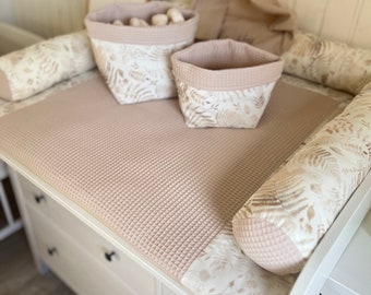 Set de matelas à langer "Boho fleurs plantes + gaufre piqué beige" tissus Öko Tex Standard 100