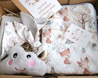 Embroidering a name is free! Gift box "Foxes+Waffle Pique light gray"