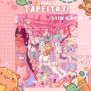May include: A pink tapestry with a carousel scene featuring a unicorn, teddy bears, and various cartoon characters. The tapestry is 34 inches by 40 inches, with text that reads "SMALL TAPESTRY!" and "NOT TOO BIG NOT TOO SMALL."