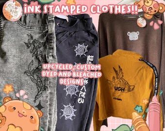 Upcycled, Ink Stamped Clothes (sweatpants, sweater, crop) - Custom Dye and Bleached, hand made stamps