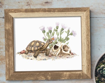 Tortoise and floral skull art print  Agassiz's tortoise and bobcat skull, nature, flowers,  botanical art. scientific illustration