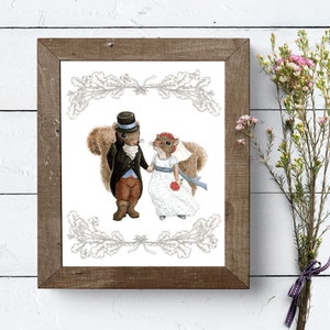 Squirrel & Wife watercolor and ink art print.  Two adorable squirrels are getting married. Wedding art botanical fancy animals