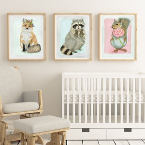 3 print bundle: Squirrel, Raccoon & Fox watercolor art print. Whimsical nature inspired fancy animals with floral décor