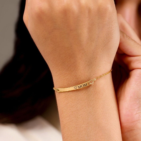 Hammered Sterling Silver Bar Bracelet: Personalized Nameplate, Minimalist Gift