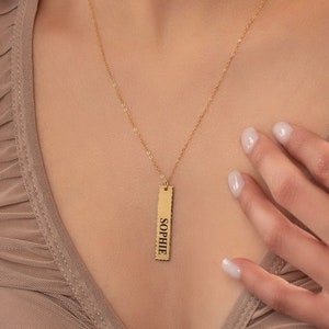 Hammered Sterling Silver Vertical Bar Necklace: Custom Name, Minimalist Layering-SL36-7/RT