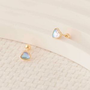 Delicate Opal Heart Stud Earrings – Sterling Silver, Minimalist October Birthstone Jewelry ER/36-1-24/S077