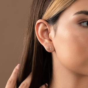 Dainty Sterling Silver Bow Stud Earrings with CZ Diamonds Everyday Jewelry, Gift for Her, Coquette Aesthetic - ER/36-1-18/S124
