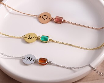Personalized Birthstone Bracelet - Custom Initial & Gemstone Jewelry - Family, Friend, or Birthday Gift
