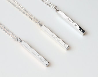 Sterling Silver Vertical Bar Necklace Personalized Engraved 4 Sided Necklace Custom Name Necklace Christmas Gift Birthday Gift for Her