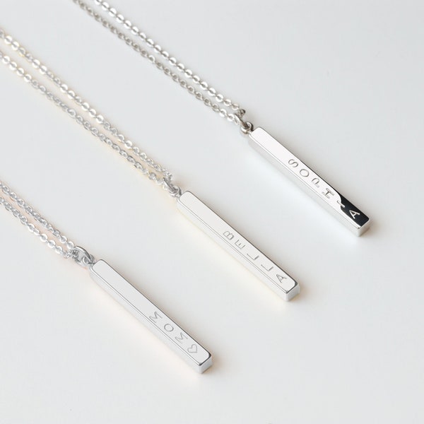 Sterling Silver Vertical Bar Necklace Personalized Engraved 4 Sided Necklace Custom Name Necklace Christmas Gift Birthday Gift for Her