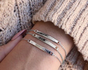 Sterling Silver Bar Bracelet: Custom Roman Numeral Name Bracelet