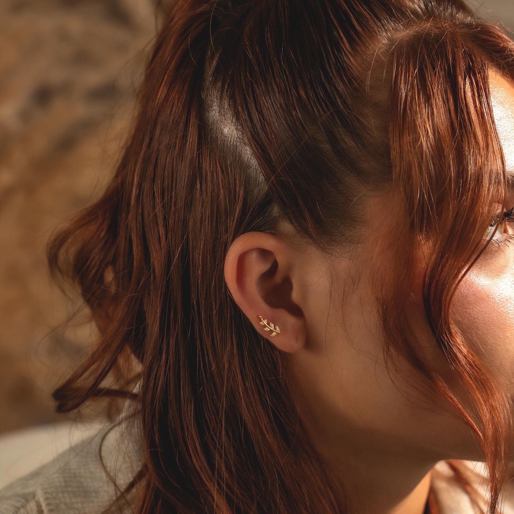Delicate Leaf Stud Earrings With Czs Sterling Silver