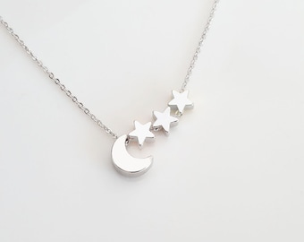Sterling Silver Moon and three stars Necklace, Silver Moon Necklace Silver Moon necklace Silver Star Necklace Minimalist Necklace