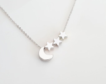 Sterling Silver Moon and Stars Necklace: Celestial Jewelry Gift