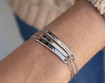 Sterling Silver Coordinates Bracelet Personalized Gift Name Bracelet Silver Custom Bar Bracelet Birthday Gift for Mom Bridesmaid Gift