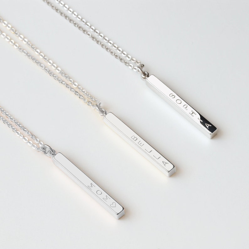 Sterling Silver Vertical Bar Necklace Personalized Engraved 4 Sided Necklace Custom Name Necklace Christmas Gift Birthday Gift for Her image 1