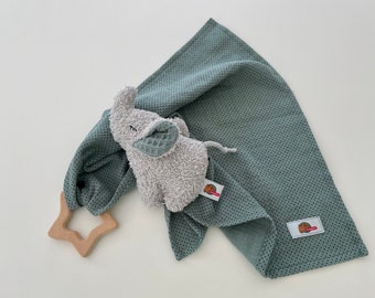 Mini elephant and comforter with gripping ring of your choice in dusty green (old green)