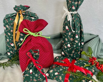 Nachhaltige Geschenkverpackung, Geschenkbeutel Weihnachtsmänner grün