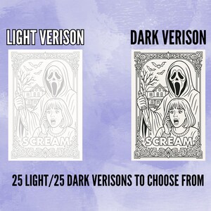 May include: Black and white Scream movie poster art. The image features the Ghostface killer with a knife, a terrified woman, and a house in the background. Text includes "SCREAM" and "25 LIGHT/25 DARK VERISONS TO CHOOSE FROM".