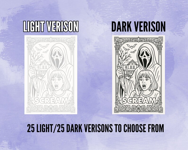 May include: Black and white Scream movie poster art. The image features the Ghostface killer with a knife, a terrified woman, and a house in the background. Text includes "SCREAM" and "25 LIGHT/25 DARK VERISONS TO CHOOSE FROM".
