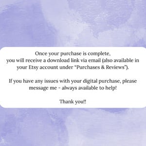 May include: A white rectangular card with rounded corners, containing text on a watercolor background of light purple and blue hues. The text provides instructions for digital purchases, including download links and support contact information.