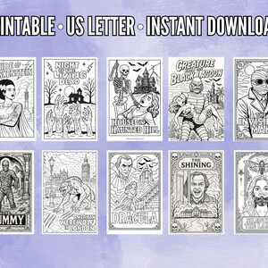 May include: A collection of printable black and white horror movie posters, including "Bride of Frankenstein," "Night of the Living Dead," and "The Shining." The text "PRINTABLE &bull; US LETTER &bull; INSTANT DOWNLOAD" is at the top.