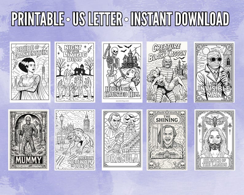 May include: A collection of printable black and white horror movie posters, including "Bride of Frankenstein," "Night of the Living Dead," and "The Shining." The text "PRINTABLE &bull; US LETTER &bull; INSTANT DOWNLOAD" is at the top.