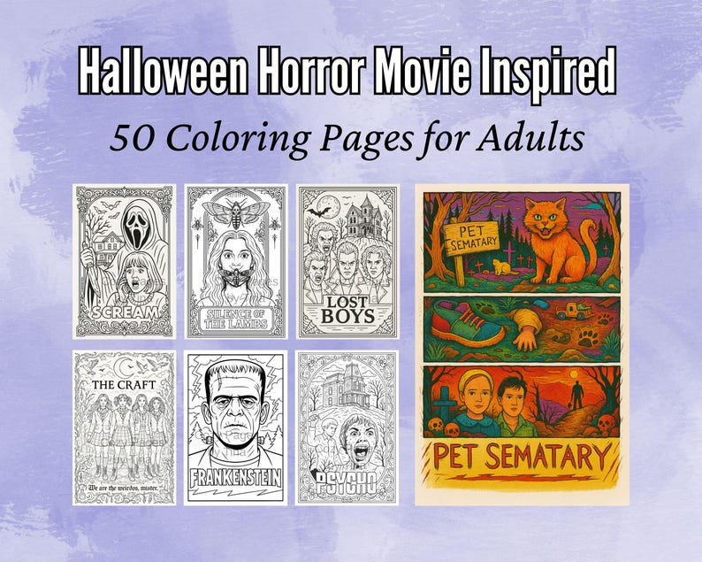 May include: A collection of Halloween-themed coloring pages for adults. The pages feature iconic horror movie titles such as "Scream", "The Lost Boys", and "Pet Sematary". The cover art includes the text "Halloween Horror Movie Inspired" and "50 Coloring Pages for Adults".
