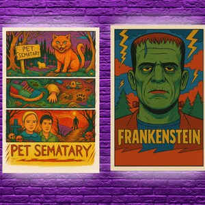 May include: Two vintage-style posters. One features a cat, a graveyard, and the text "PET SEMATARY". The other poster displays Frankenstein's face with the title "FRANKENSTEIN". Both posters have a retro, illustrated aesthetic.