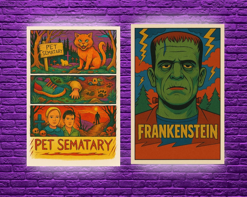 May include: Two vintage-style posters. One features a cat, a graveyard, and the text "PET SEMATARY". The other poster displays Frankenstein's face with the title "FRANKENSTEIN". Both posters have a retro, illustrated aesthetic.